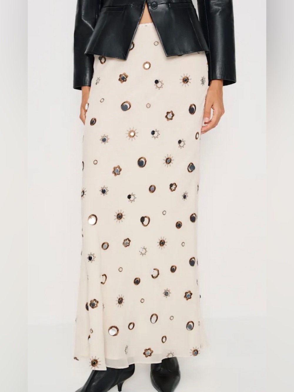 Reformation Cream Maxi Skirt with Metallic Mirror Embellishments